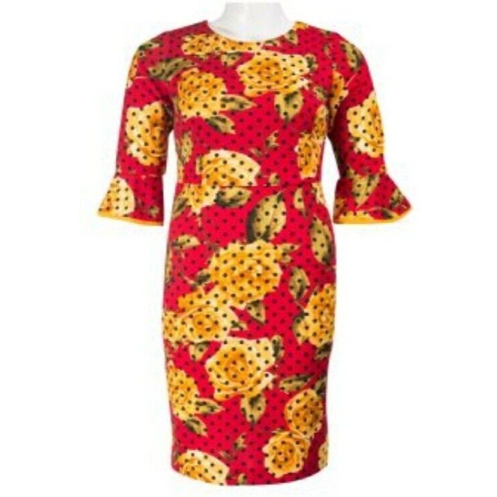 Shelby & Palmer Sheath Dress Red Yellow Floral 3/4 Sleeve Size 10